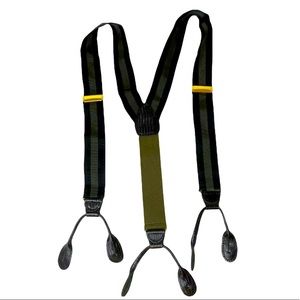 VTG CAS Germany Blk Olive Green Striped Leather Elastic Button Tab Suspenders